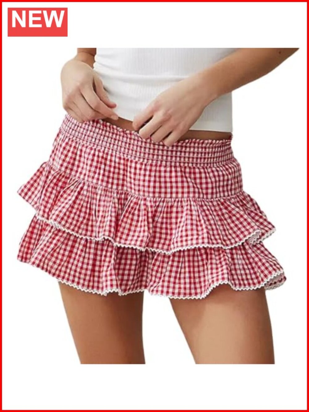 Women Gingham Plaid Mini Skirt Lace Trim Ruffle A Line Pleated Layered Short